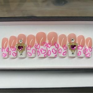 French Nails with Pink Hearts and Charms